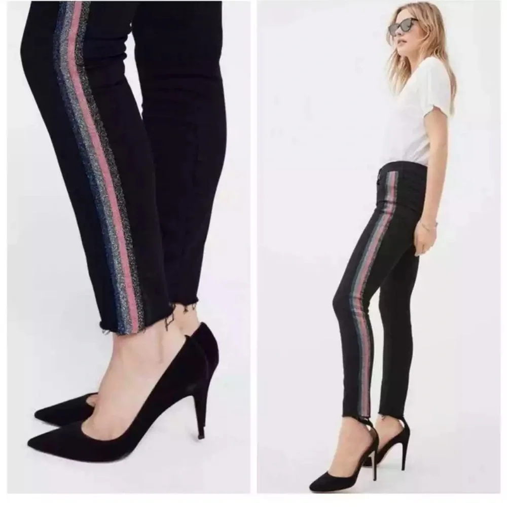 Mother High Waisted Looker Ankle Fray Black Guilty Glitter Racer Stripe Jeans 26